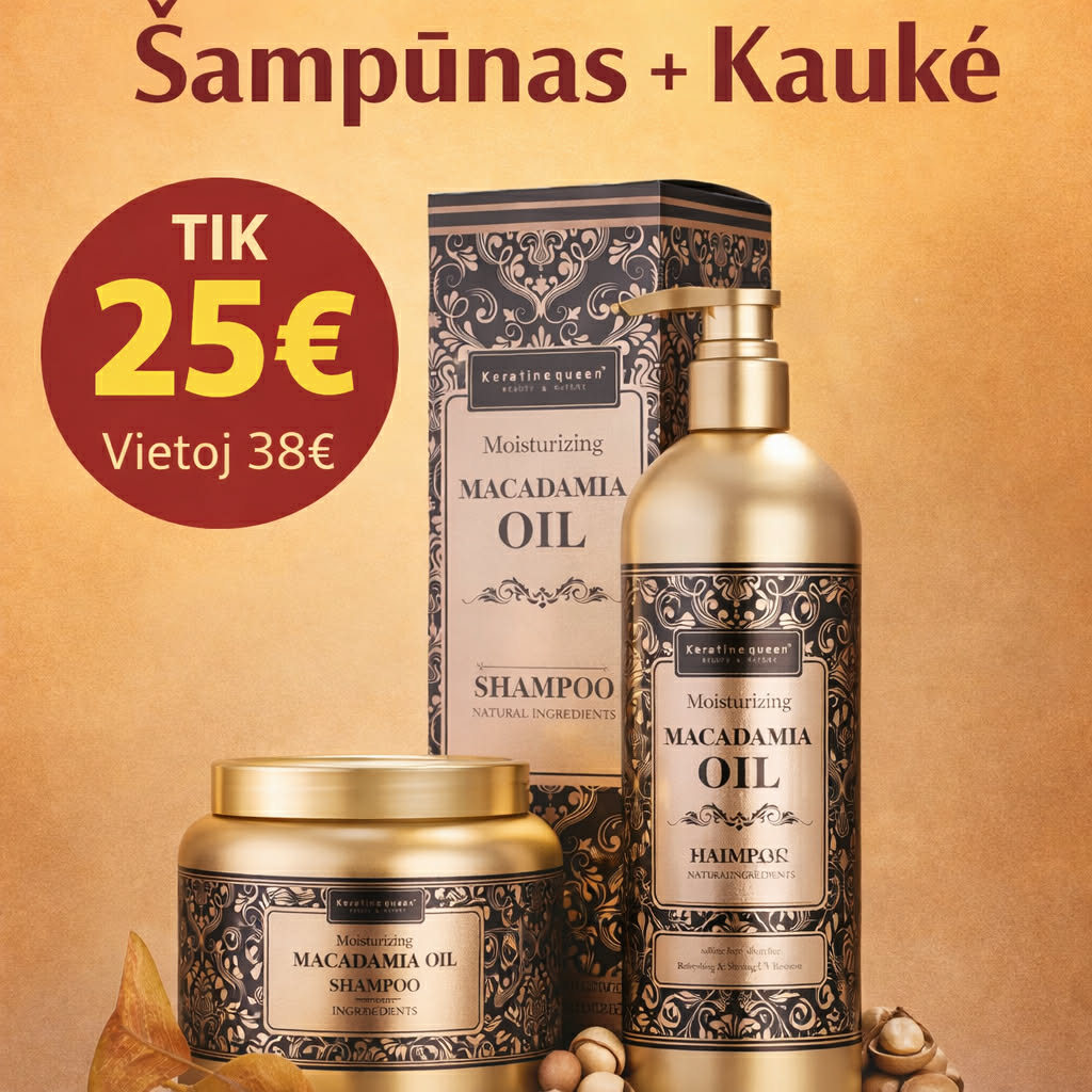 Plaukų priežiūros rinkinys su makadamijos aliejumi, šampūnas ir plaukų kaukė
