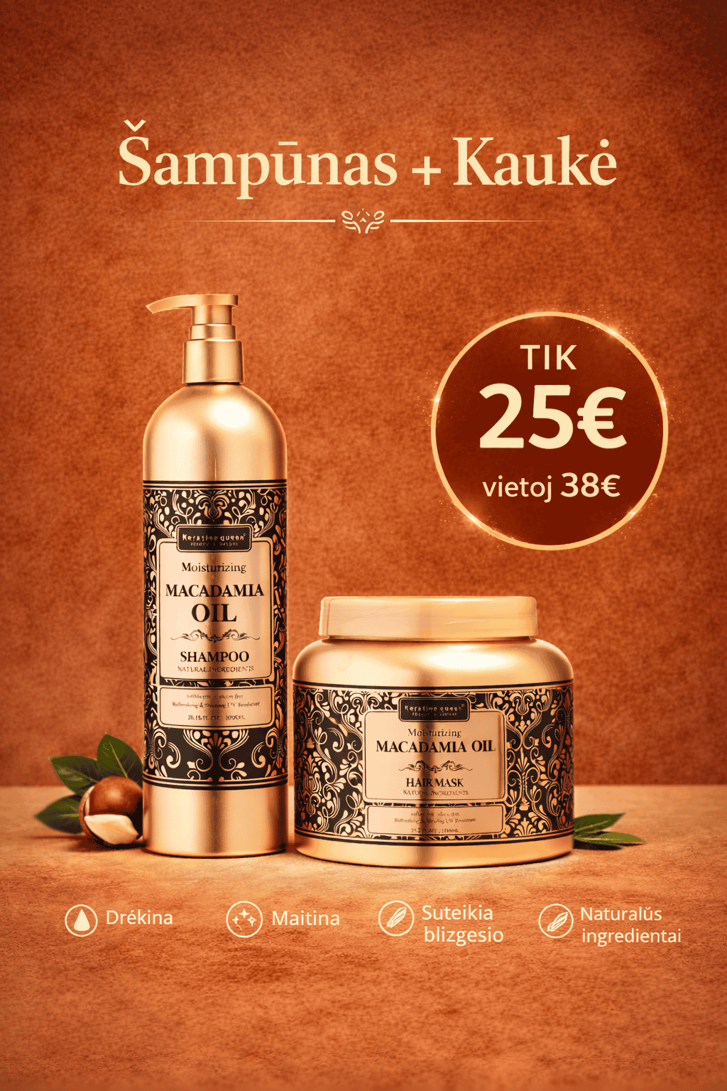 Rinkinys su makadamijos aliejumi, šampūnas ir kaukė