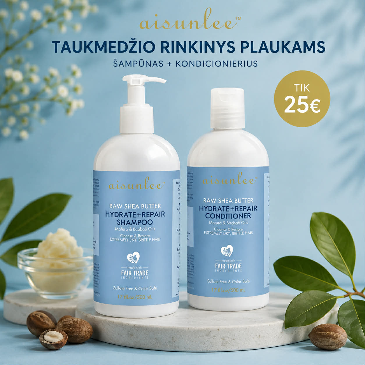 Drėkinantis taukmedžio rinkinys plaukams